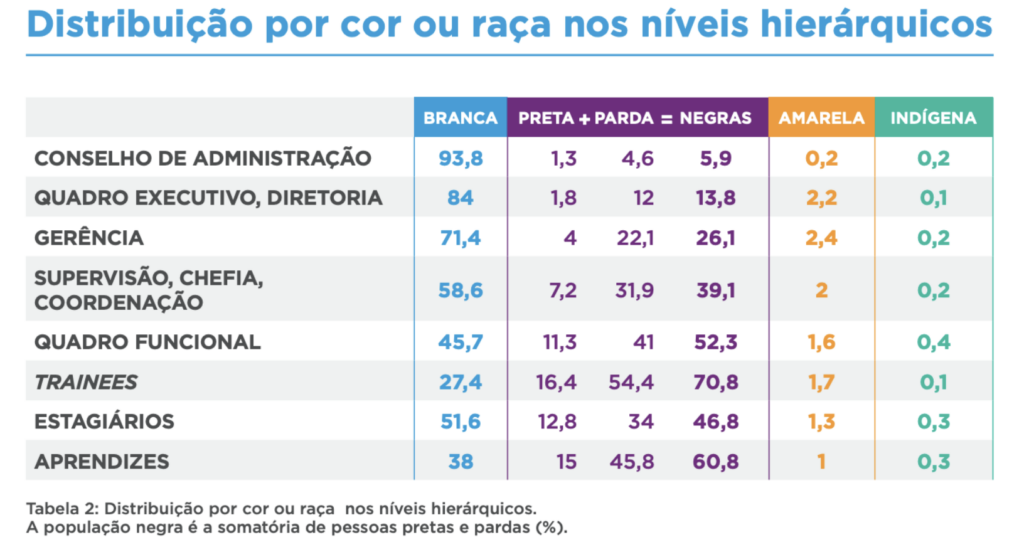 Gráfico de distribuição por raça nos níveis hierárquicos. A tabela mostra que, quanto maior o cargo, maior a presença de pessoas brancas e menor a presença de pessoas negras (pretos e partos). A população amarela e indígena tem baixa representatividade, de 0,1 a 2,4%, em qualquer um dos cargos.